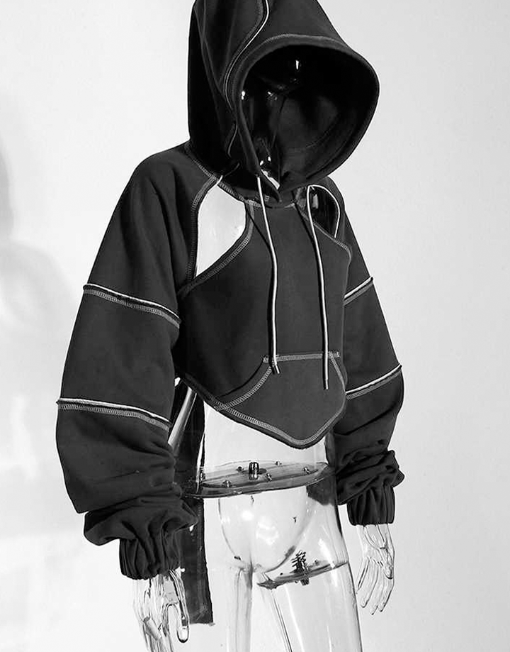 Techwear Black Crop Top Hoodie