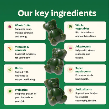 Gruns Adult Super Greens Multivitamin Gummies, Superfood Gummy Vitamins for Women and Men with Spirulina, Chlorella, Adaptogens & Prebiotic Fiber for Digestive Health (28 Count)