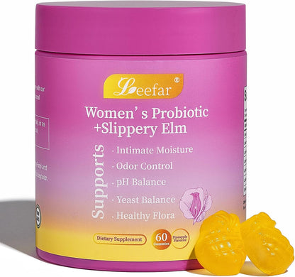 Women’s Probiotic + Slippery Elm - 5 Billion CFU Vaginal Probiotics + Prebiotic Fiber - Supports Intimate Moisture, pH Balance, Odor Control & Yeast Balance* - Pineapple Flavor - 60 Gummies