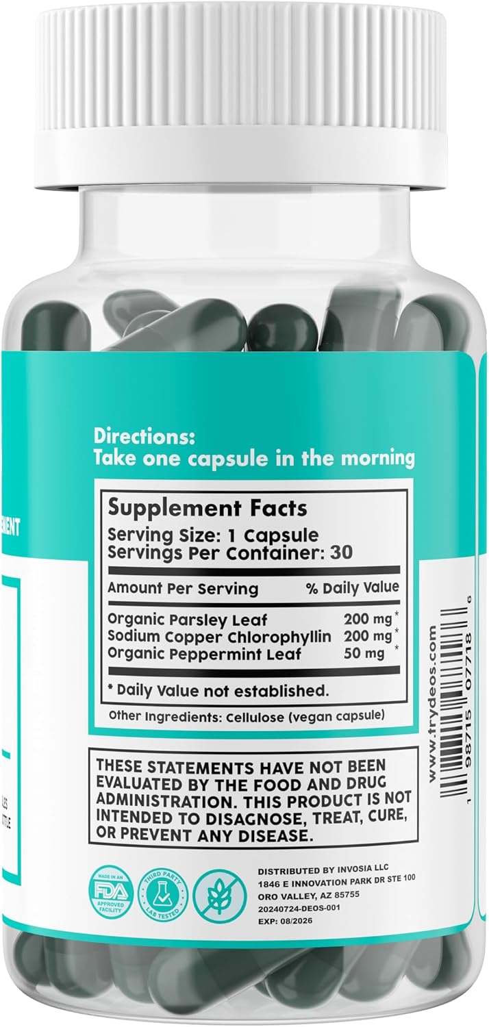 DEOS® Internal Deodorant Supplement [Natural Odor Control] – Full Body Deodorizing Capsules for Gut & Skin Health, Detox & Digestion Support - Scentless Chlorophyll, Mint & Parsley Pills (30 Pcs)