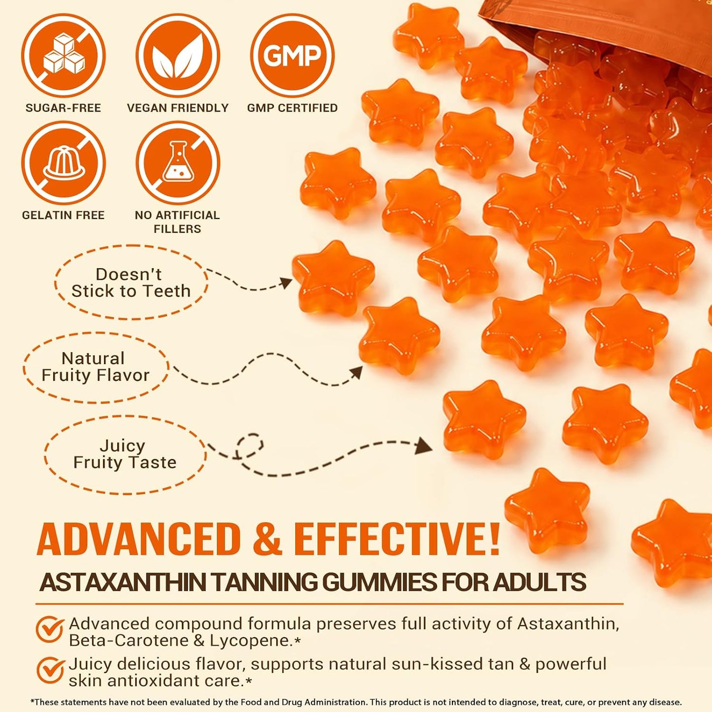 Tanning Gummies, Sunless Tanning Supplement for Women and Men, with Beta Astaxanthin, Carotene, Lycopene, Collagen & Vitamins | Skin Radiance & Hydration | Vegan & Sugar Free - 60 Count