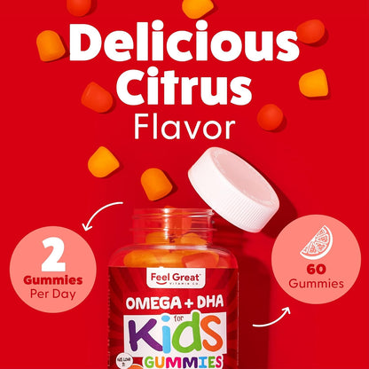 Feel Great Vitamins Omega 3 for Kids | DHA Gummies for Kids with Plant-Based Omega 3 6 9 + Vitamin C | Supports Brain, Vision & Heart Health | Vegetarian, No Fishy Taste | 60 Gummies