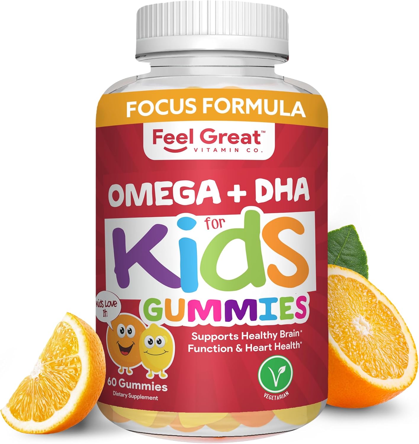 Feel Great Vitamins Omega 3 for Kids | DHA Gummies for Kids with Plant-Based Omega 3 6 9 + Vitamin C | Supports Brain, Vision & Heart Health | Vegetarian, No Fishy Taste | 60 Gummies