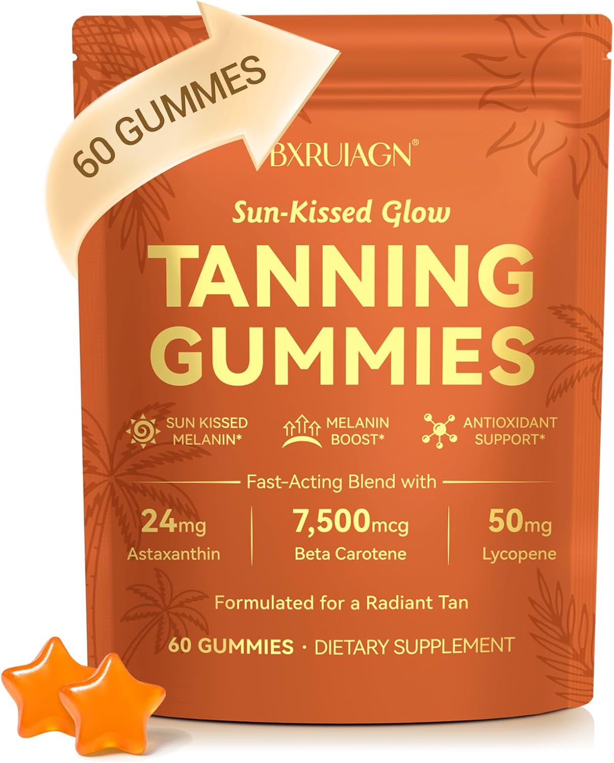 Tanning Gummies, Sunless Tanning Supplement for Women and Men, with Beta Astaxanthin, Carotene, Lycopene, Collagen & Vitamins | Skin Radiance & Hydration | Vegan & Sugar Free - 60 Count