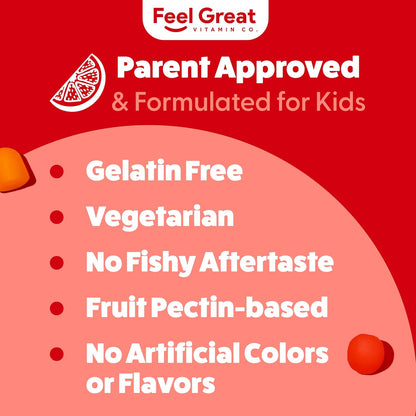 Feel Great Vitamins Omega 3 for Kids | DHA Gummies for Kids with Plant-Based Omega 3 6 9 + Vitamin C | Supports Brain, Vision & Heart Health | Vegetarian, No Fishy Taste | 60 Gummies