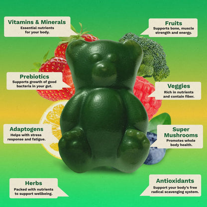 Gruns Adult Super Greens Multivitamin Gummies, Superfood Gummy Vitamins for Women and Men with Spirulina, Chlorella, Adaptogens & Prebiotic Fiber for Digestive Health (28 Count)