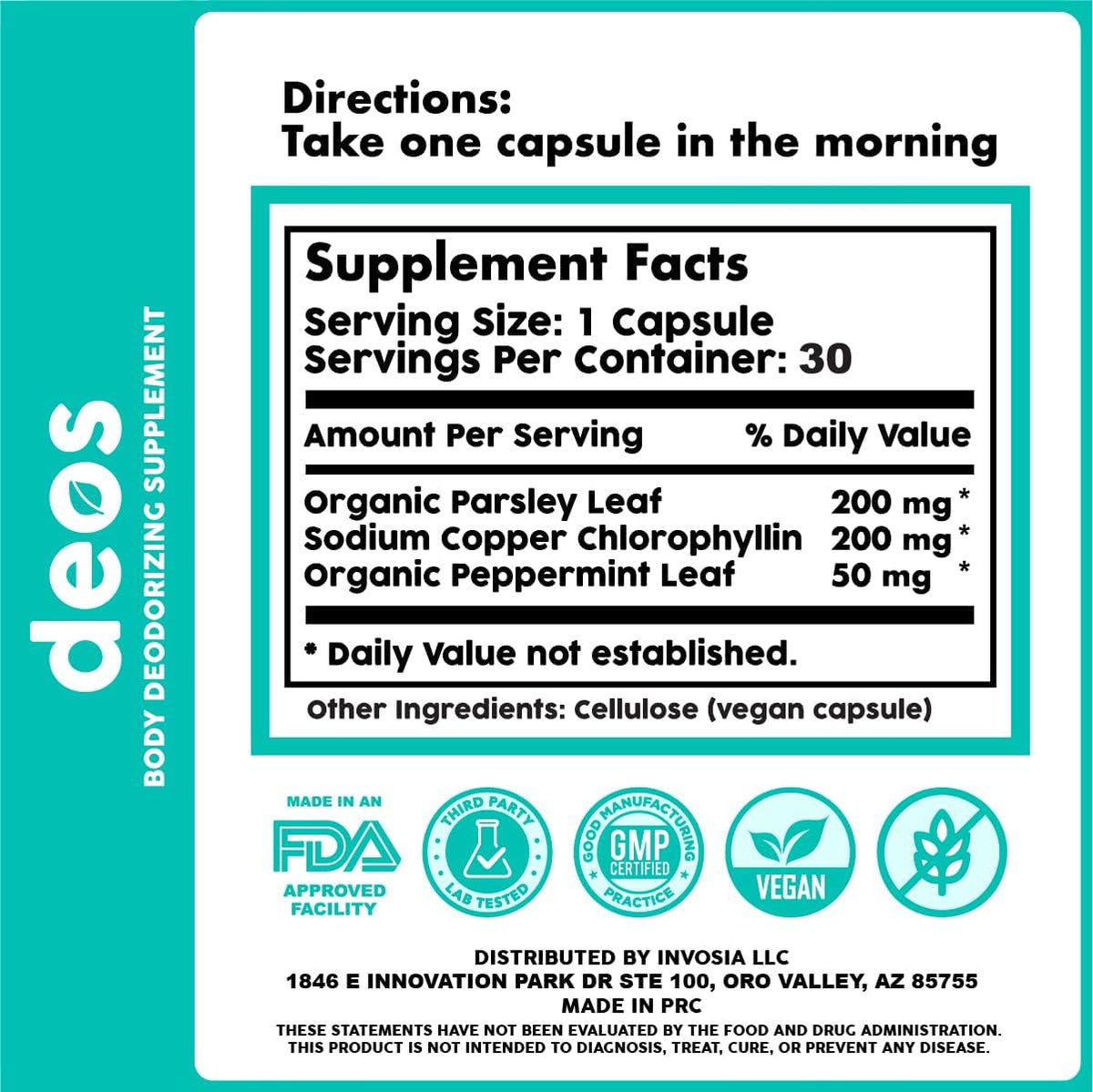 DEOS® Internal Deodorant Supplement [Natural Odor Control] – Full Body Deodorizing Capsules for Gut & Skin Health, Detox & Digestion Support - Scentless Chlorophyll, Mint & Parsley Pills (30 Pcs)