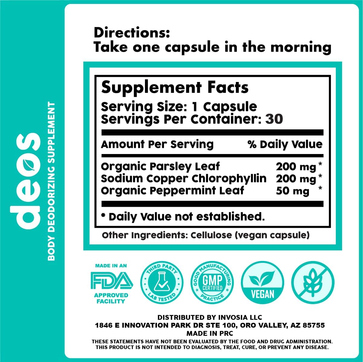 DEOS® Internal Deodorant Supplement [Natural Odor Control] – Full Body Deodorizing Capsules for Gut & Skin Health, Detox & Digestion Support - Scentless Chlorophyll, Mint & Parsley Pills (30 Pcs)
