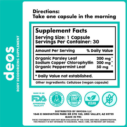 DEOS® Internal Deodorant Supplement [Natural Odor Control] – Full Body Deodorizing Capsules for Gut & Skin Health, Detox & Digestion Support - Scentless Chlorophyll, Mint & Parsley Pills (30 Pcs)