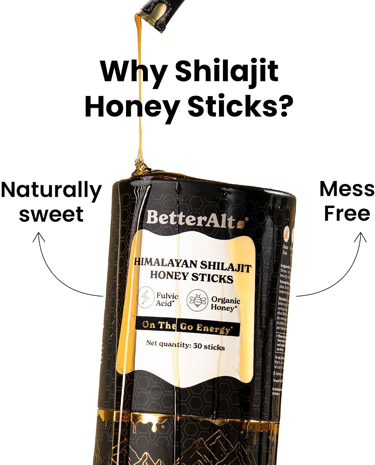 Better Alt Pure Himalayan Shilajit Sticks with Organic Honey, Saffron | Easy to Consume Shilajit| 30 Sticks for Energy Boost & Immune Support, 85+ Trace Minerals, 75%+ Fulvic Acid