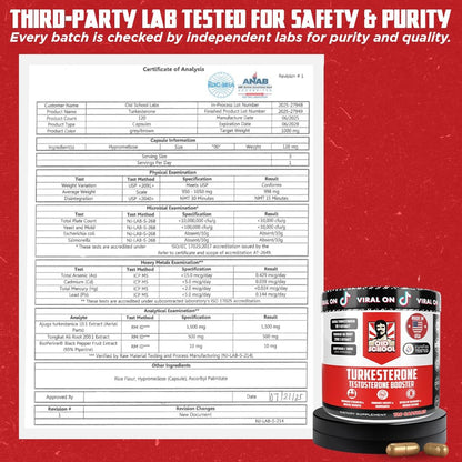 Old School Labs Testosterone Supplement for Men – Max Potency Tongkat Ali with BioPerine® for Max Absorption, Supports Muscle, Strength, Recovery, Drive & Stamina – Turkesterone, 120 Capsules