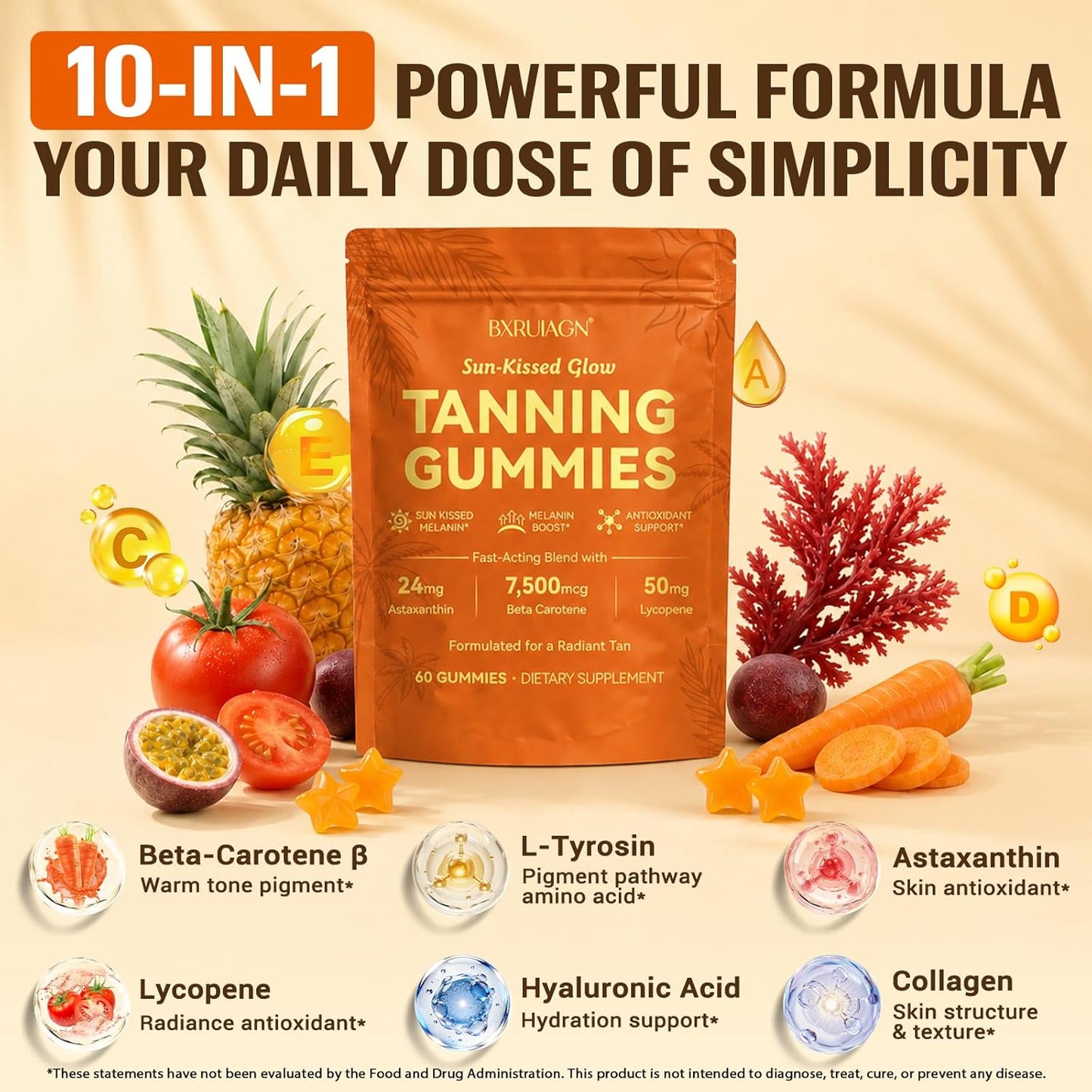 Tanning Gummies, Sunless Tanning Supplement for Women and Men, with Beta Astaxanthin, Carotene, Lycopene, Collagen & Vitamins | Skin Radiance & Hydration | Vegan & Sugar Free - 60 Count