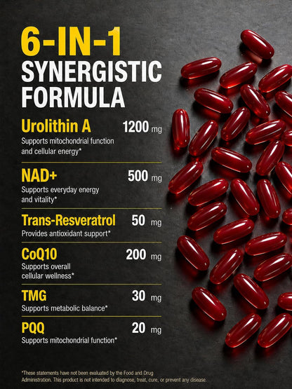 Advanced 6-in-1 Urolithin A Supplement with Liposomal NAD+, Trans-Resveratrol, Ubiquinol (CoQ10), TMG, PQQ for Mitochondrial Function & Cellular Energy Support, 120 Softgels