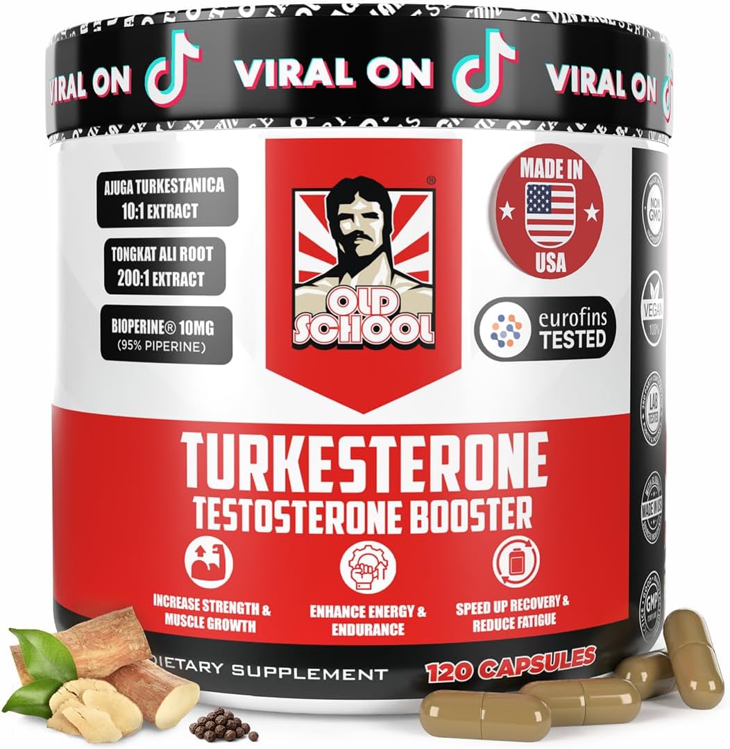 Old School Labs Testosterone Supplement for Men – Max Potency Tongkat Ali with BioPerine® for Max Absorption, Supports Muscle, Strength, Recovery, Drive & Stamina – Turkesterone, 120 Capsules