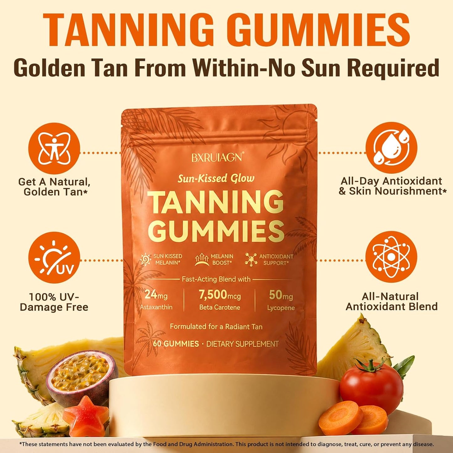 Tanning Gummies, Sunless Tanning Supplement for Women and Men, with Beta Astaxanthin, Carotene, Lycopene, Collagen & Vitamins | Skin Radiance & Hydration | Vegan & Sugar Free - 60 Count