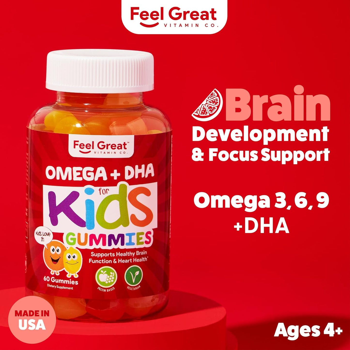 Feel Great Vitamins Omega 3 for Kids | DHA Gummies for Kids with Plant-Based Omega 3 6 9 + Vitamin C | Supports Brain, Vision & Heart Health | Vegetarian, No Fishy Taste | 60 Gummies