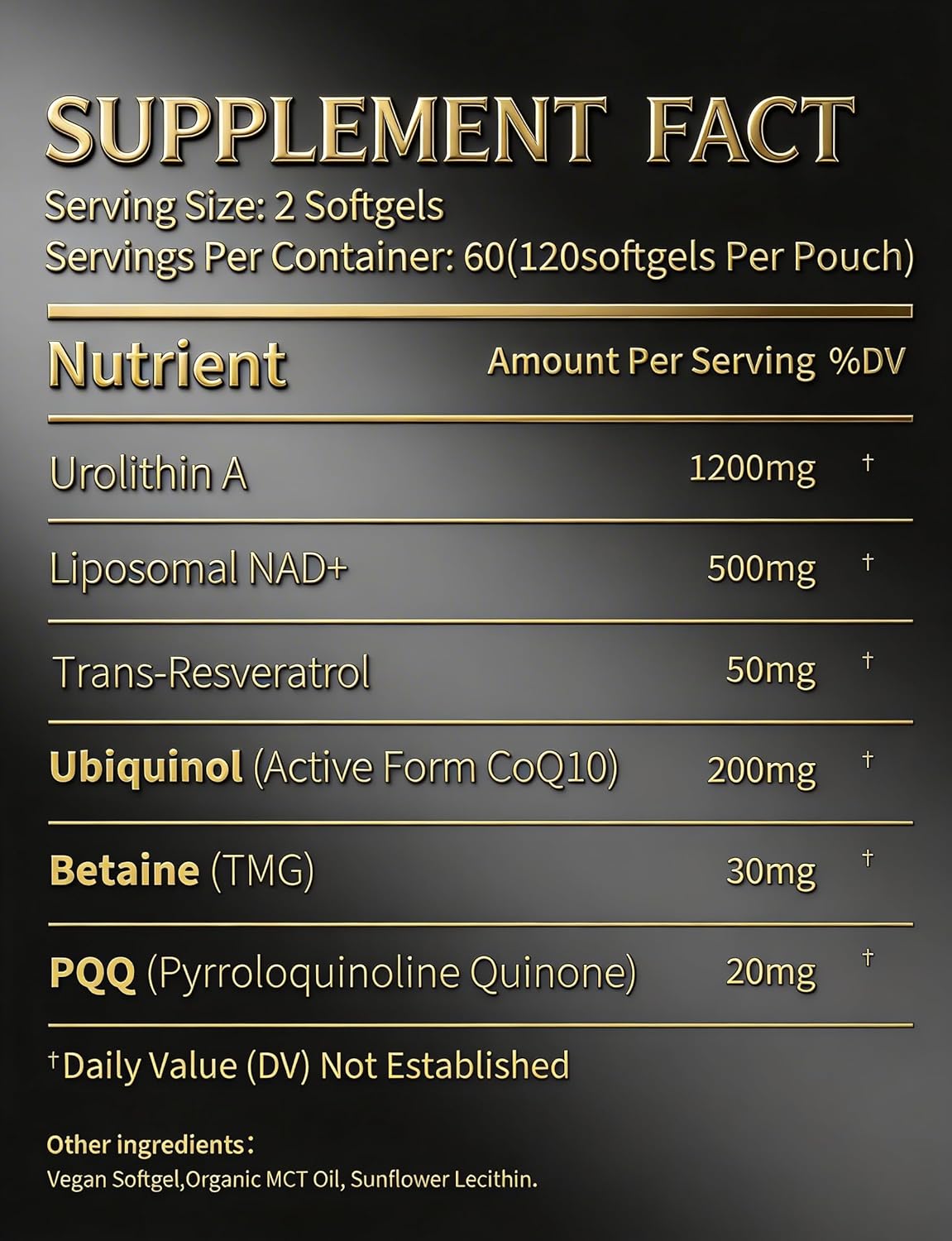 Advanced 6-in-1 Urolithin A Supplement with Liposomal NAD+, Trans-Resveratrol, Ubiquinol (CoQ10), TMG, PQQ for Mitochondrial Function & Cellular Energy Support, 120 Softgels