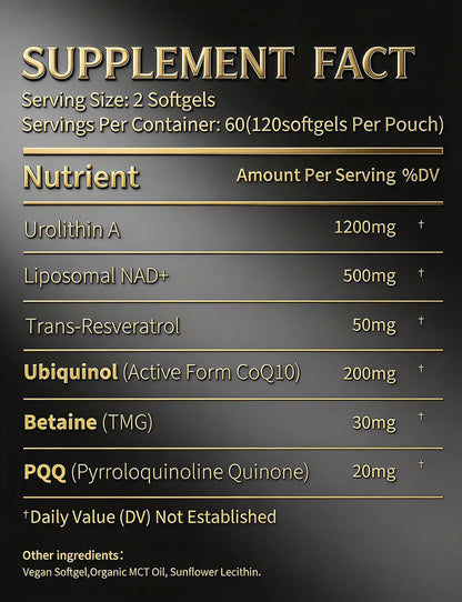 Advanced 6-in-1 Urolithin A Supplement with Liposomal NAD+, Trans-Resveratrol, Ubiquinol (CoQ10), TMG, PQQ for Mitochondrial Function & Cellular Energy Support, 120 Softgels
