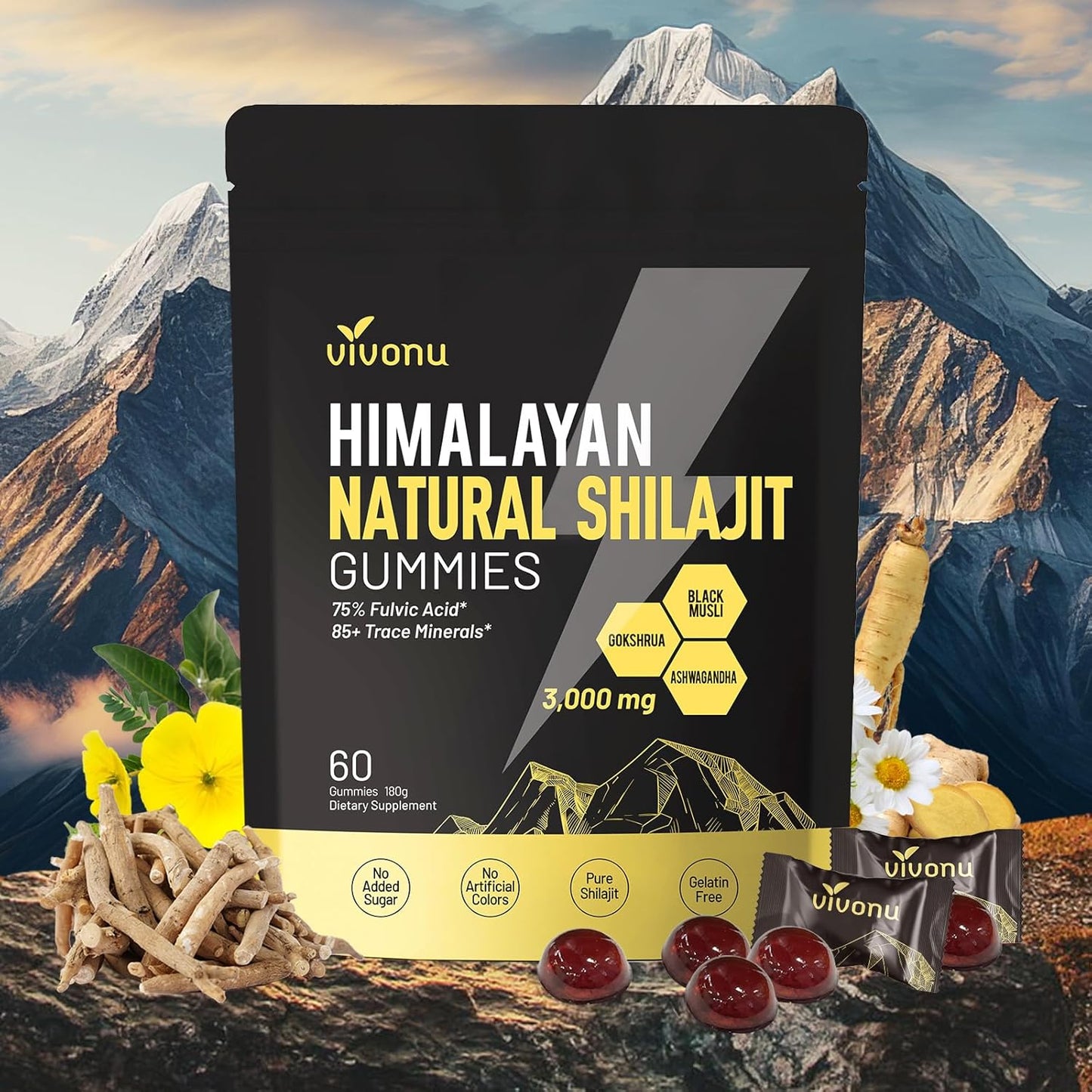 Himalayan Shilajit Gummies with Ashwagandha & Gokshura | 85+ Trace Minerals & Fulvic Acid | Organic, Non-GMO Micronutrient Supplement for Men & Women | 100% Pure & Natural (3000MG /1 Bag)