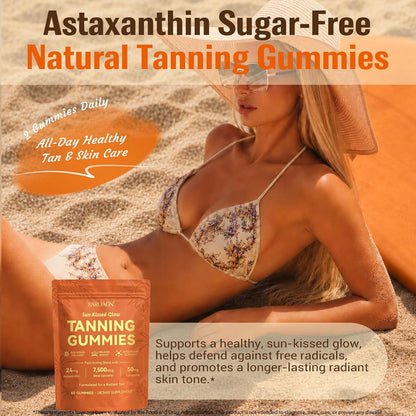Tanning Gummies, Sunless Tanning Supplement for Women and Men, with Beta Astaxanthin, Carotene, Lycopene, Collagen & Vitamins | Skin Radiance & Hydration | Vegan & Sugar Free - 60 Count