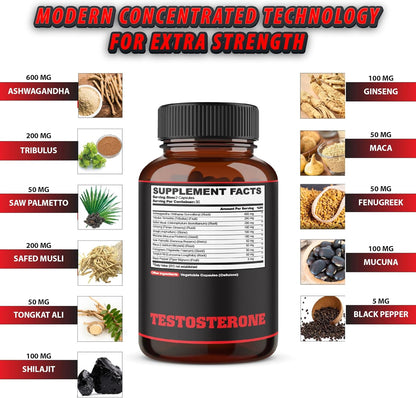 Testosterone Supplement for Men with Ashwagandha, Tribulus, Ginseng & More - 11 Herbs - Strength Support - 60 Vegan Capsules 1 Month Supply