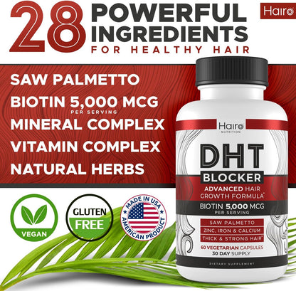 DHT Blocker Hair Growth Supplement - High Potency Biotin & Saw Palmetto for Hair Regrowth - Natural Hair Loss Treatments for Women & Men - Helps Stimulate Hair Follicle Growth