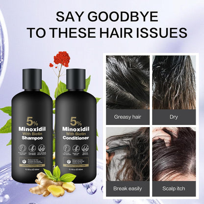 Minoxidil Shampoo & Conditioner Set for Hair Growth – Biotin, Ginseng & Ginger – Supports Thicker, Fuller Hair – Scalp Care Formula – For Men & Women – 600ml Duo