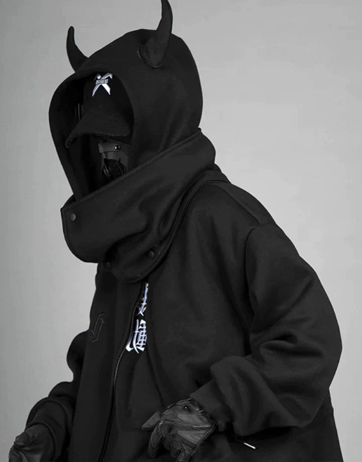 Techwear Black Hoodie With Horns