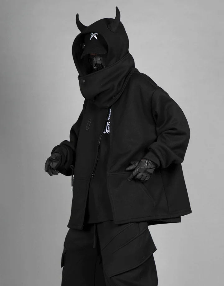Techwear Black Hoodie With Horns