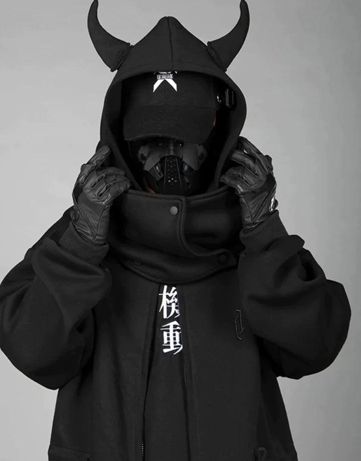 Techwear Black Hoodie With Horns