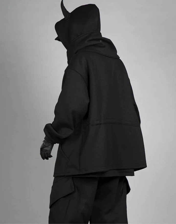 Techwear Black Hoodie With Horns