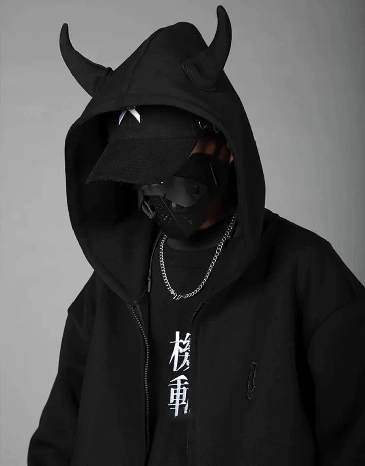 Techwear Black Hoodie With Horns