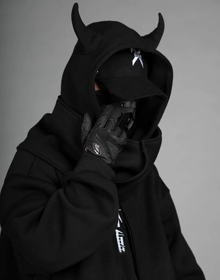 Techwear Black Hoodie With Horns