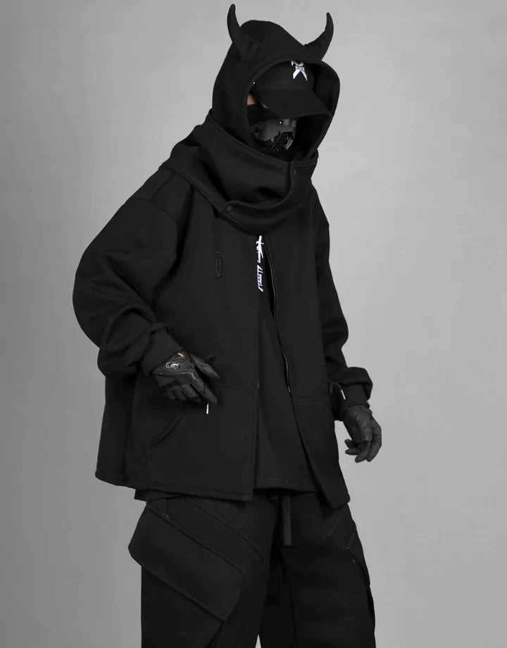 Techwear Black Hoodie With Horns