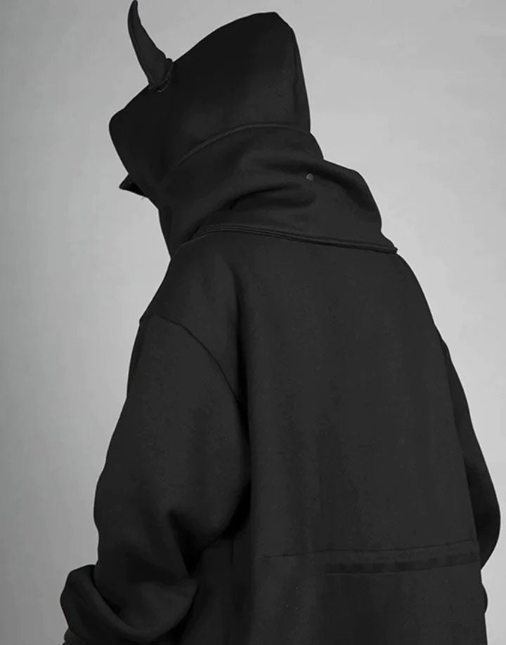 Techwear Black Hoodie With Horns