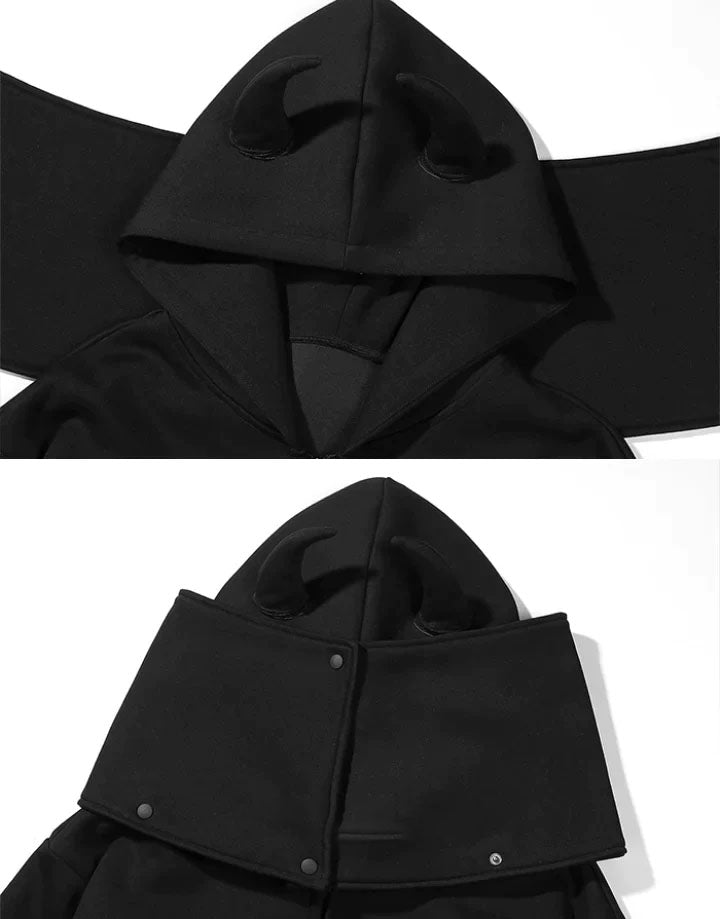 Techwear Black Hoodie With Horns