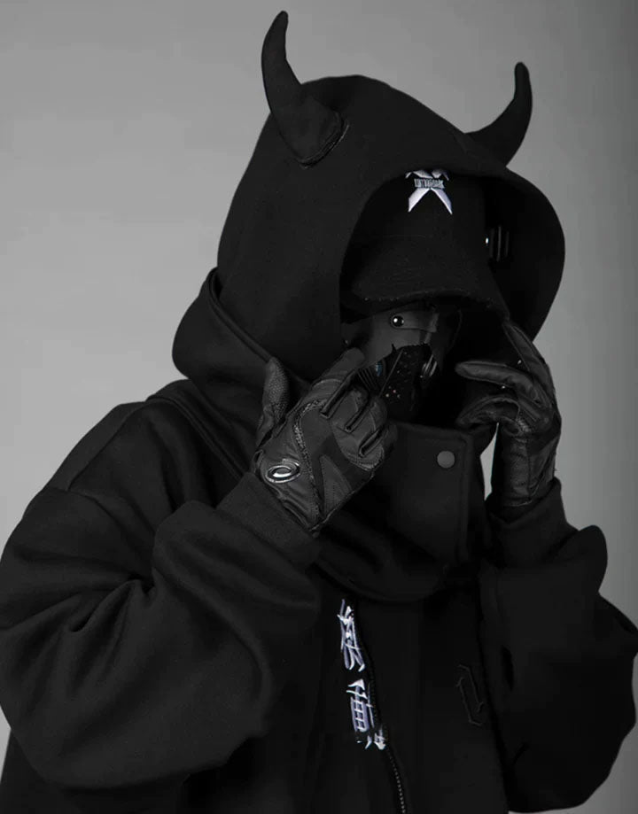 Techwear Black Hoodie With Horns
