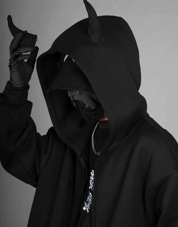 Techwear Black Hoodie With Horns
