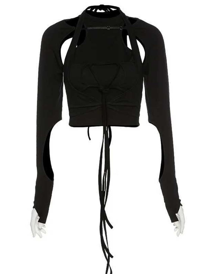 Techwear Black Lace Up Crop Top