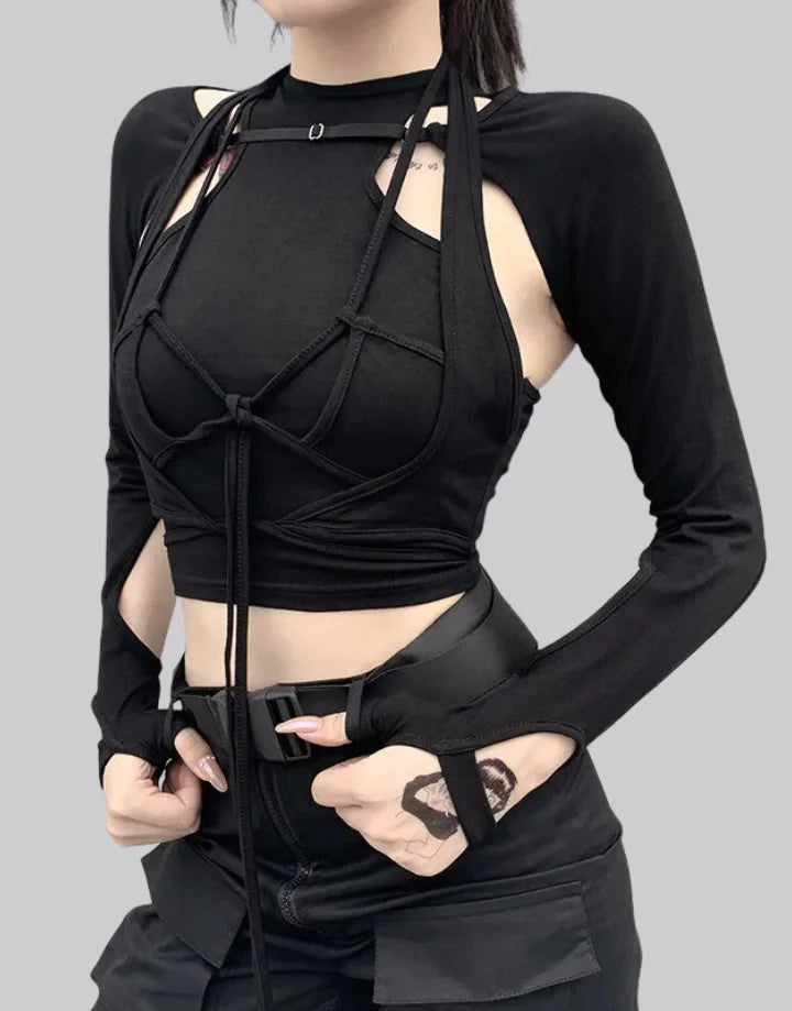 Techwear Black Lace Up Crop Top