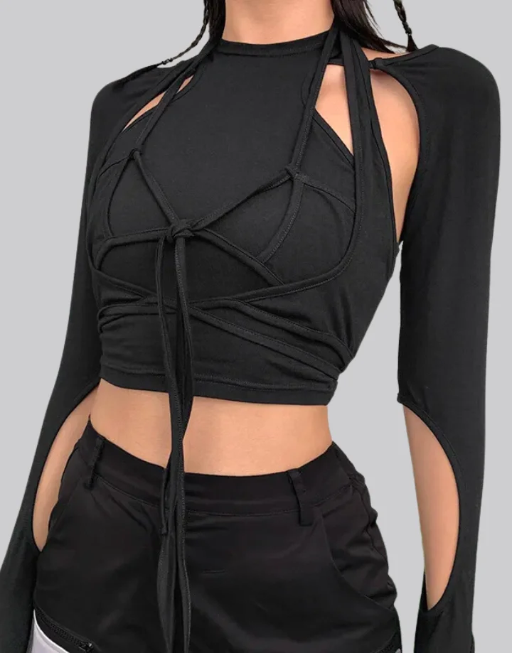 Techwear Black Lace Up Crop Top