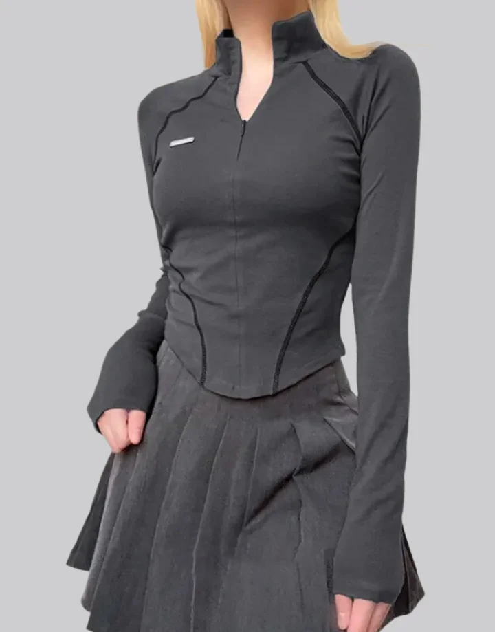 Techwear Black Long Sleeve Zip Up Crop Top