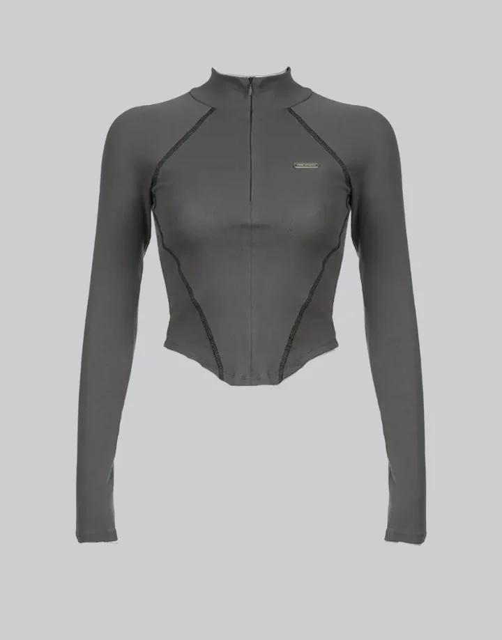 Techwear Black Long Sleeve Zip Up Crop Top