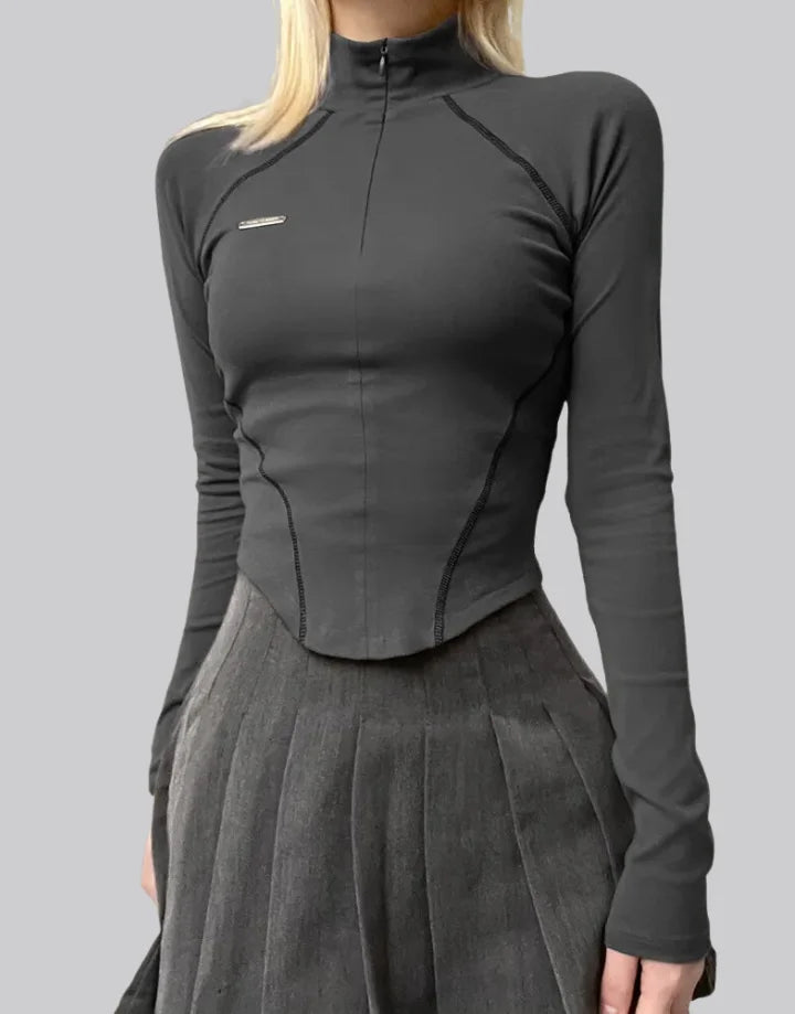 Techwear Black Long Sleeve Zip Up Crop Top