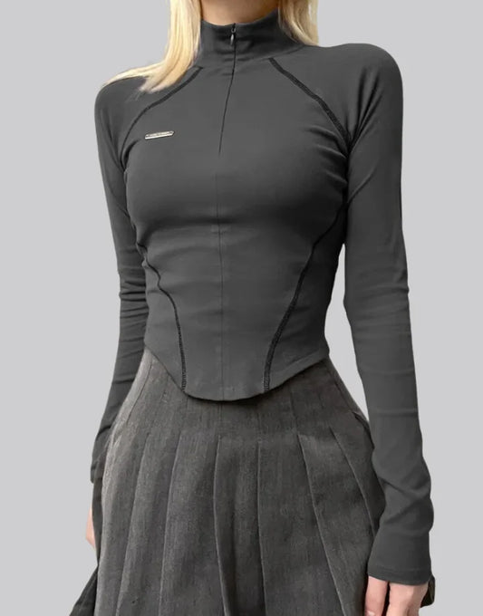 Techwear Black Long Sleeve Zip Up Crop Top