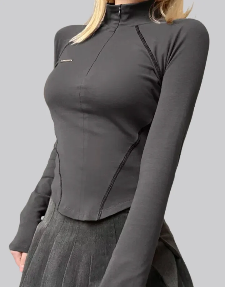 Techwear Black Long Sleeve Zip Up Crop Top