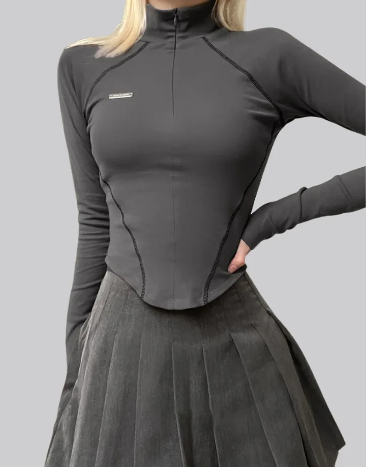 Techwear Black Long Sleeve Zip Up Crop Top