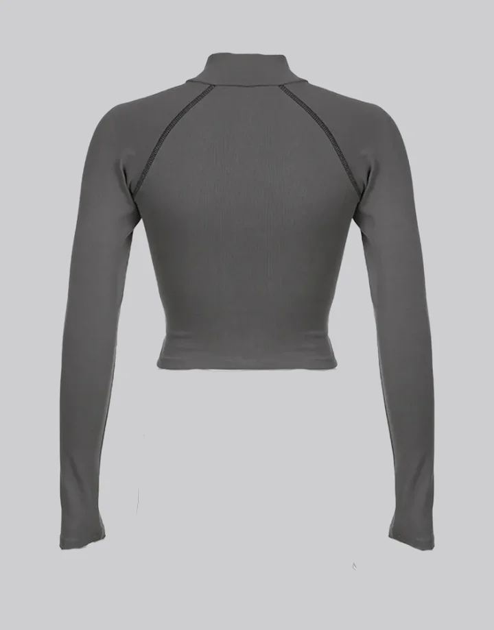 Techwear Black Long Sleeve Zip Up Crop Top