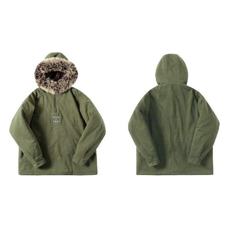 Techwear Green Cargo Jacket with Fur Hood