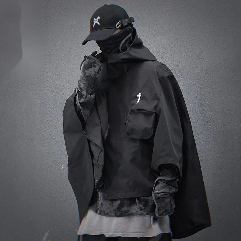 Japanese Cloak Techwear Hoodie in black — dark techwear streetwear, view 2 of 6